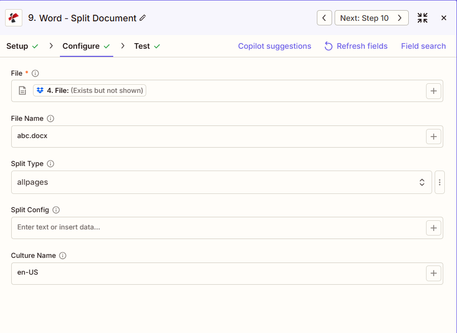 Configuração do PDF4me para dividir documento do Word no Zapier - Arquivo, Nome do arquivo: abc.docx, Tipo de divisão: todas as páginas, Configuração de divisão, Nome da cultura: en-US